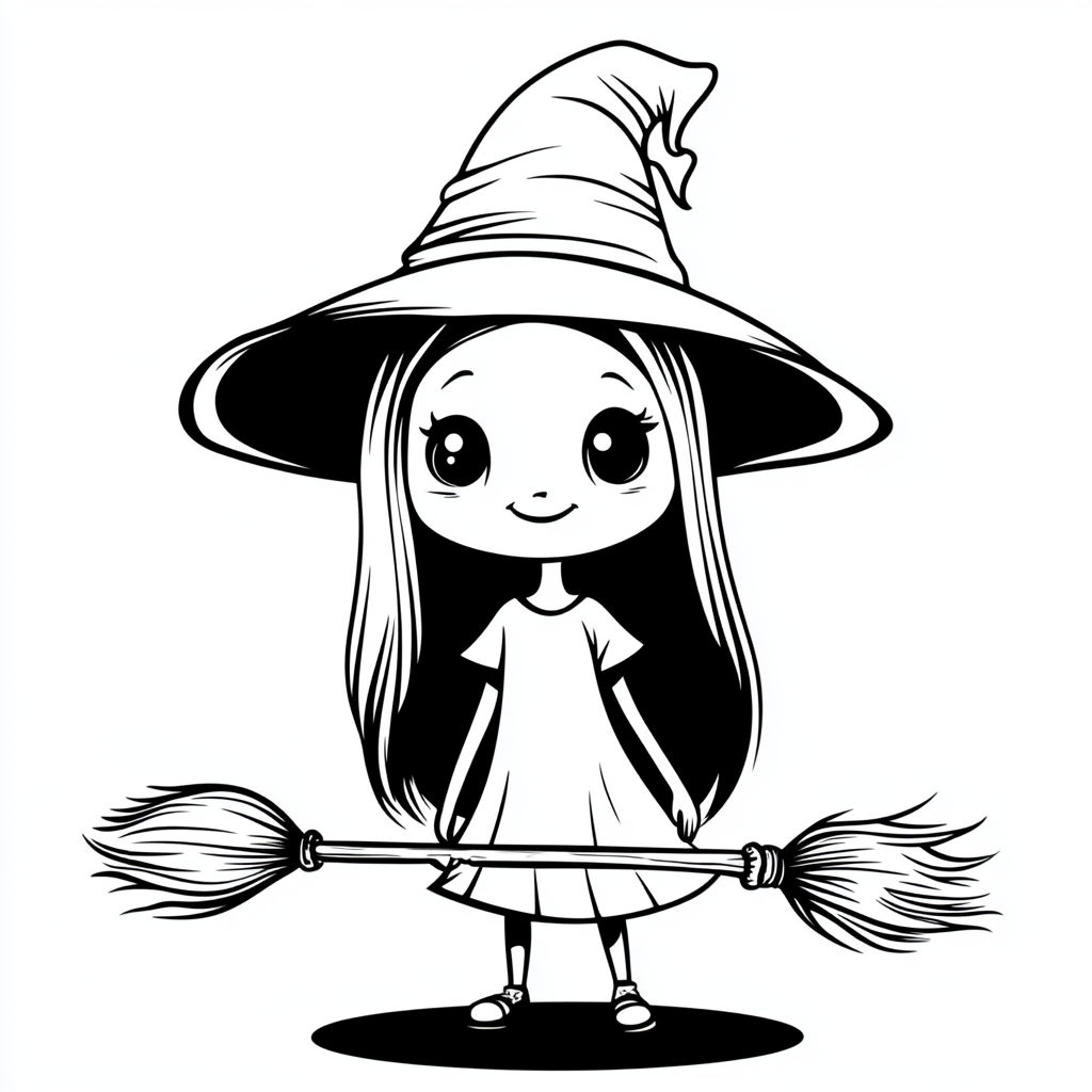 Coloring page of a smiling witch with broomstick.