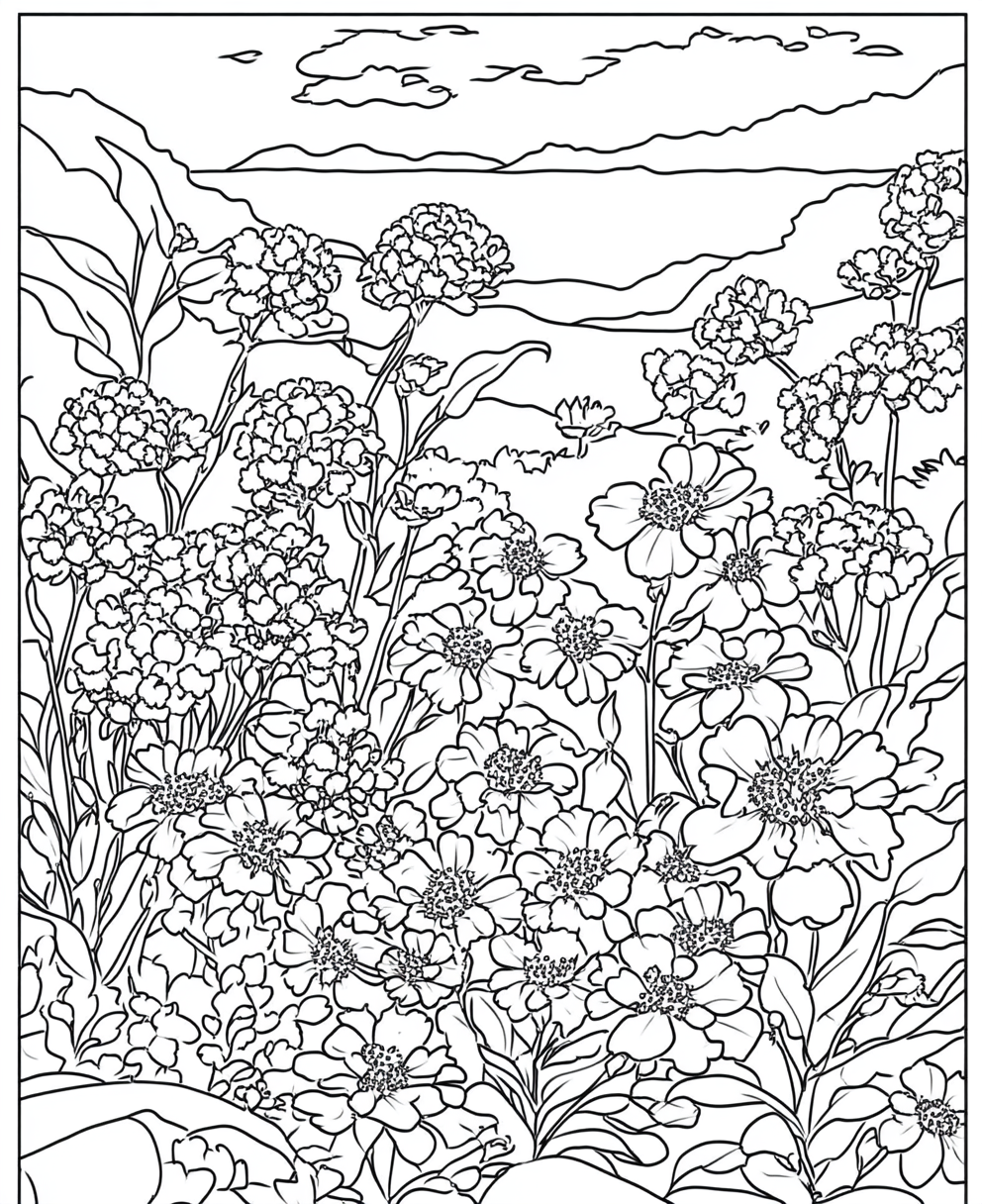 Coloring page of dianthus flowers for adults to relax.