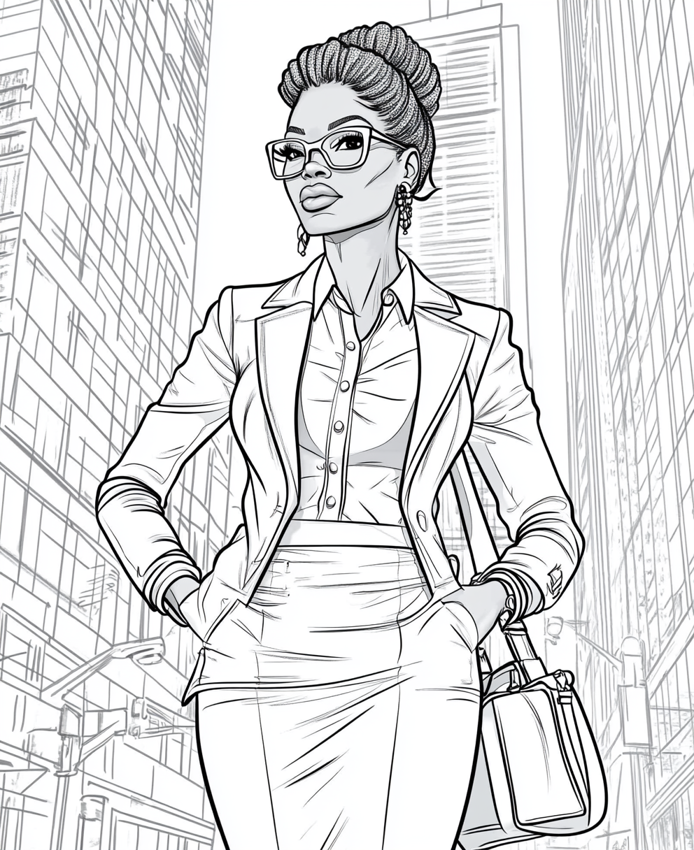 Coloring page of fashionable black woman in business outfit.