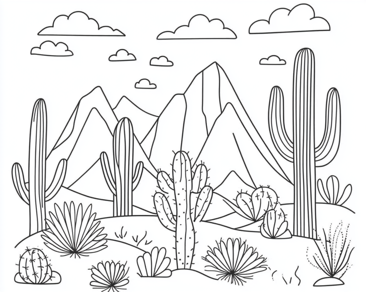 Coloring page of mountains and cactuses for kids