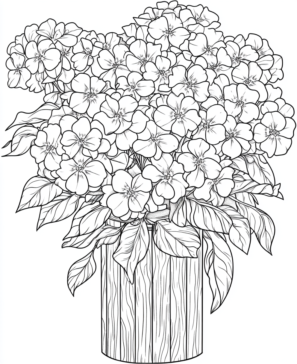 Coloring page of phlox bouquet in wooden vase. Artwork.