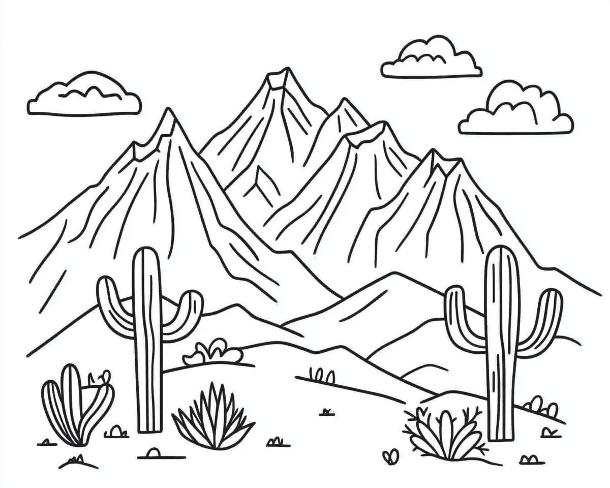 Coloring page of snowy mountains and cactuses