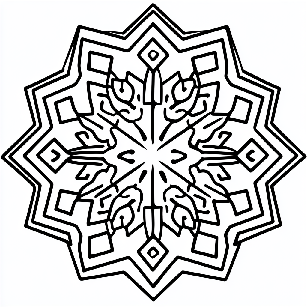 Coloring page of symmetrical snowflake for beginners.