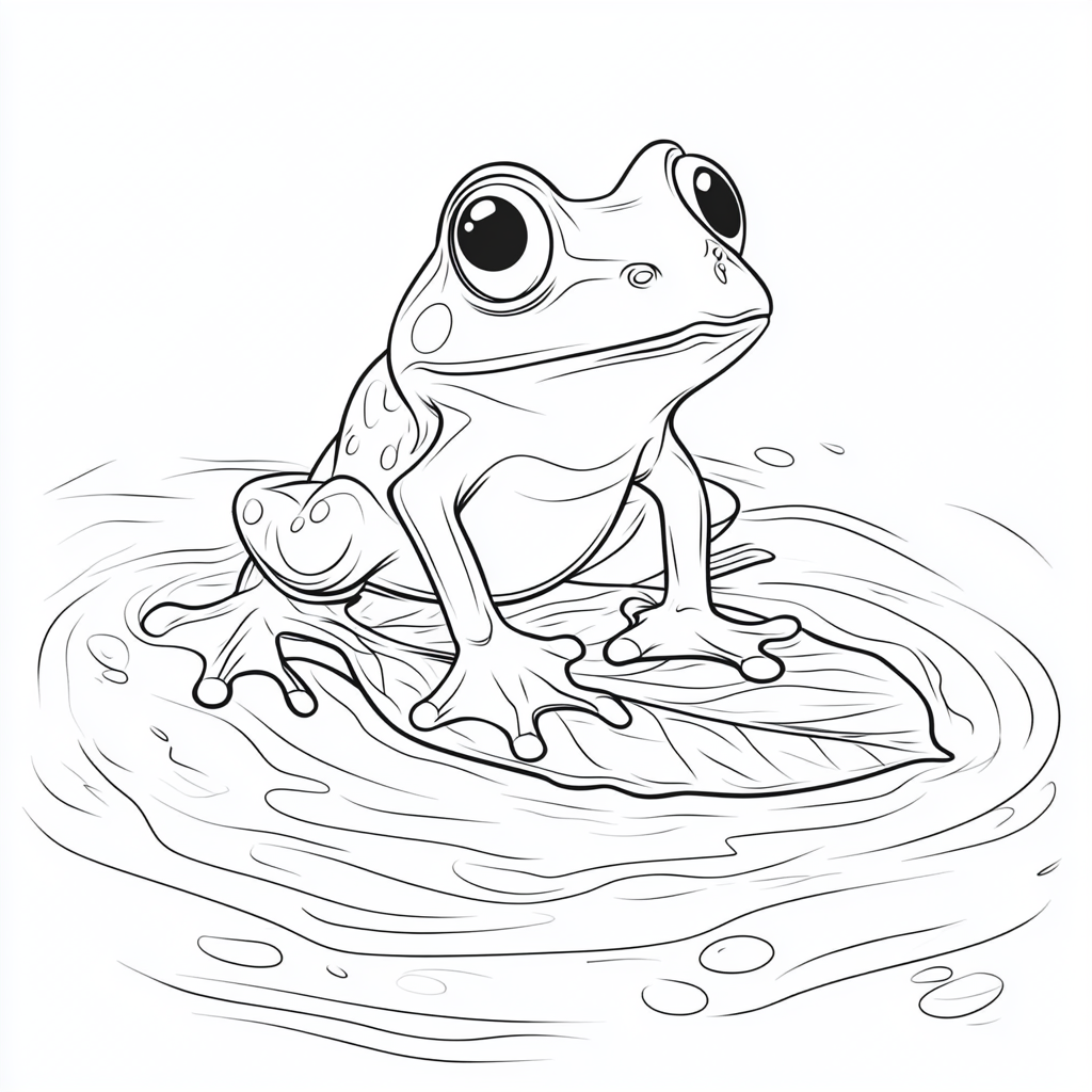 Coloring page with a cute frog on a leaf.