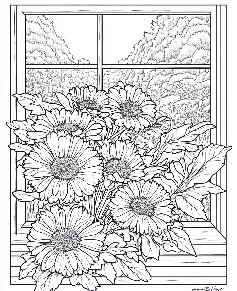 Coloring page with calendula bouquet by window for adults.