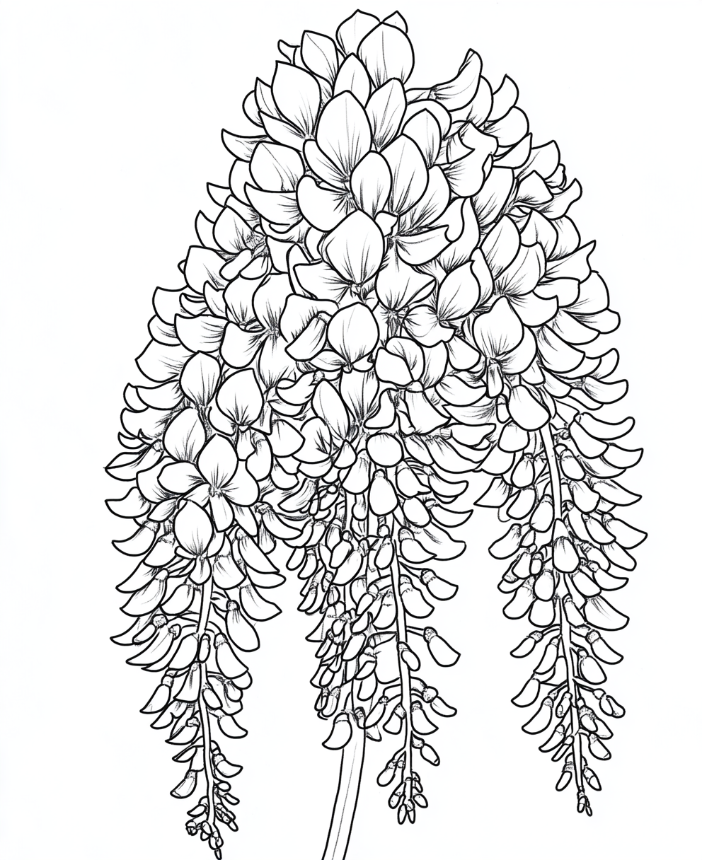 Coloring page with large wisteria plant for adults.