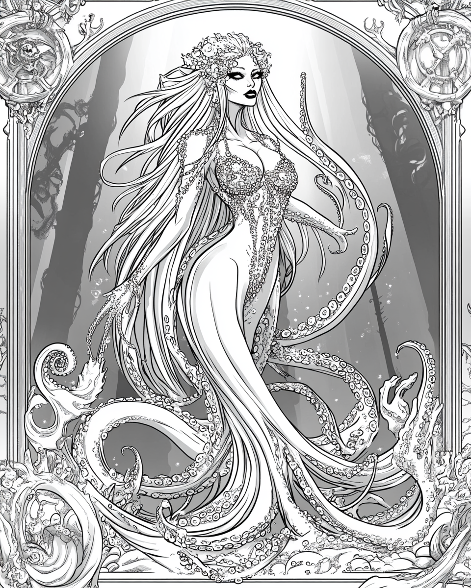 Coloring page: Beautiful Sea Witch with glossy octopus tentacles, jewels.