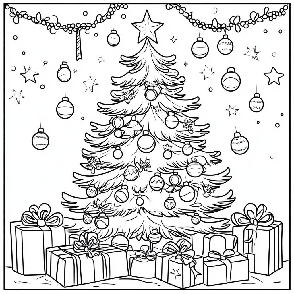 Coloring page: Christmas tree with presents for adults