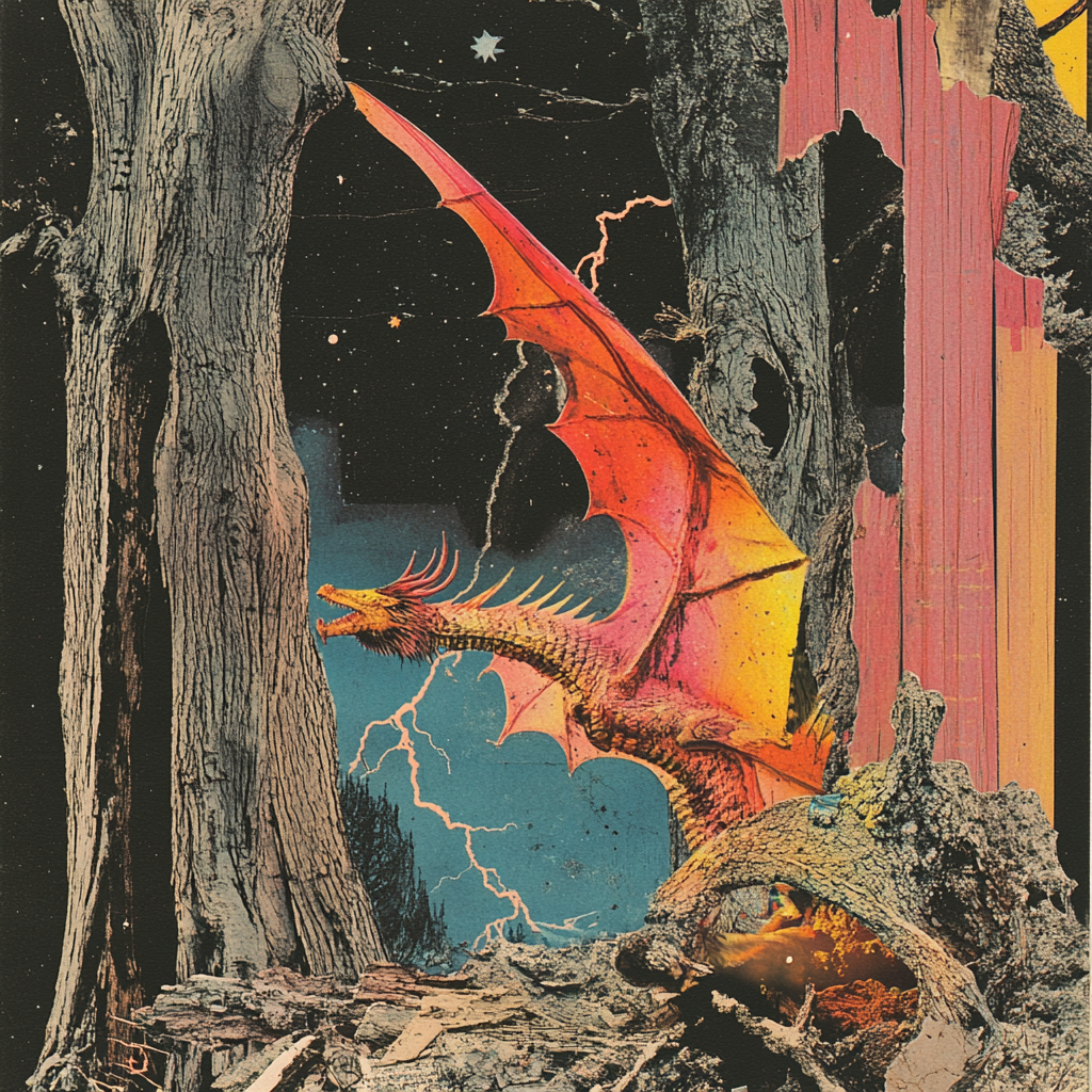 Colorized risograph collage of a lightning dragon, trees.