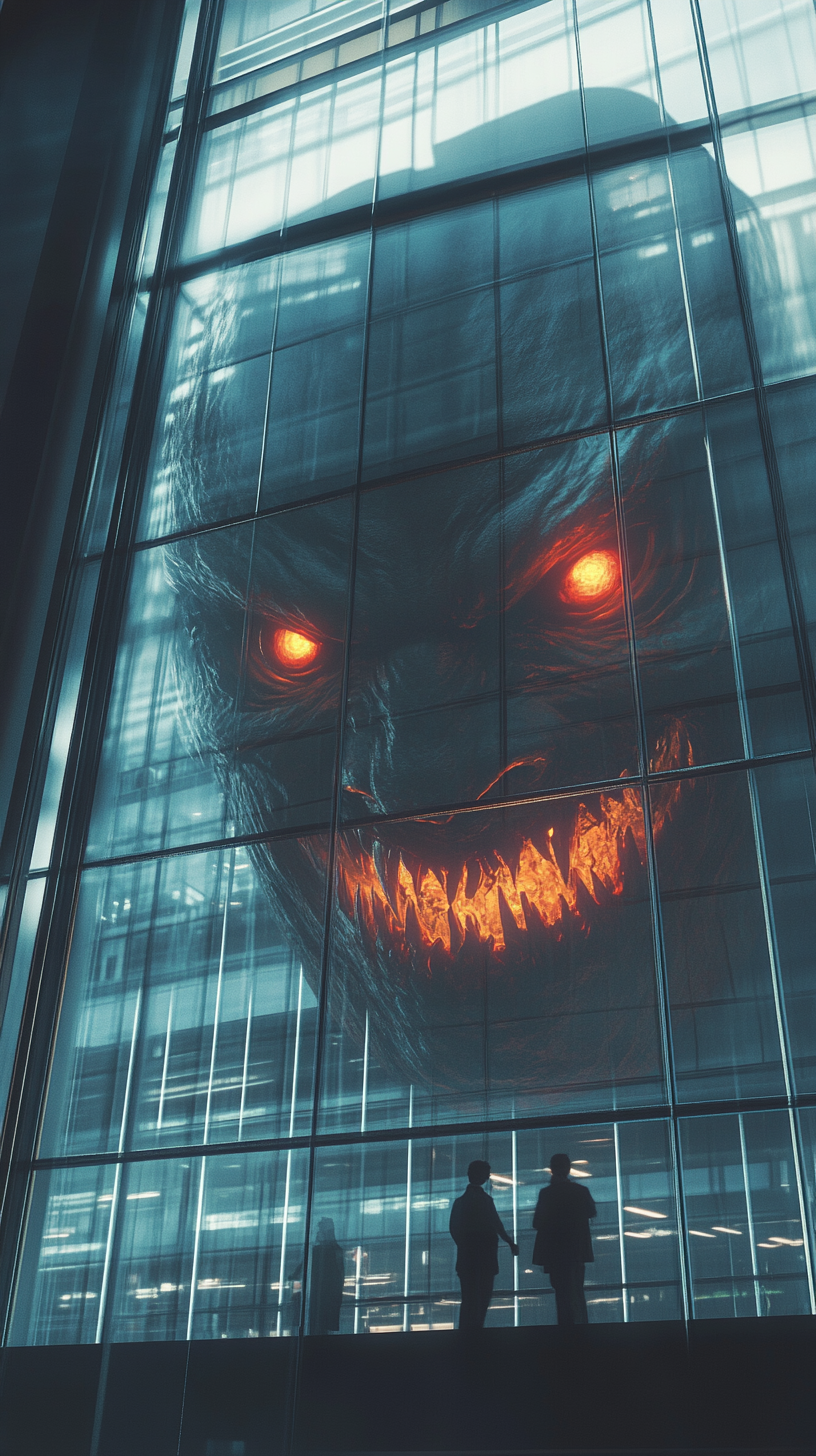 Colossal oni mask yokai reflected ominously in building.