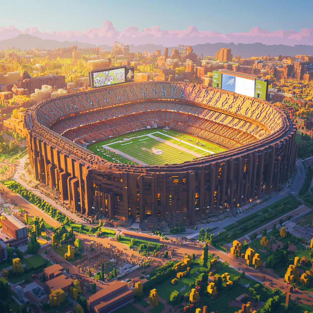 Colosseum with steel, glass, electronic billboards, virtual fans.