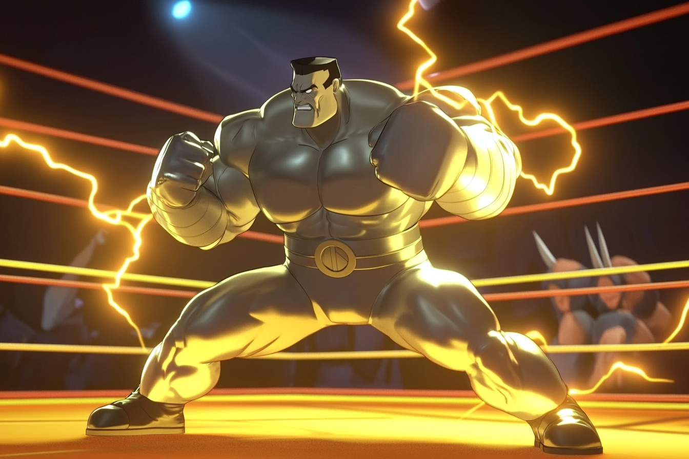 Colossus strikes golden pose in animated boxing ring.