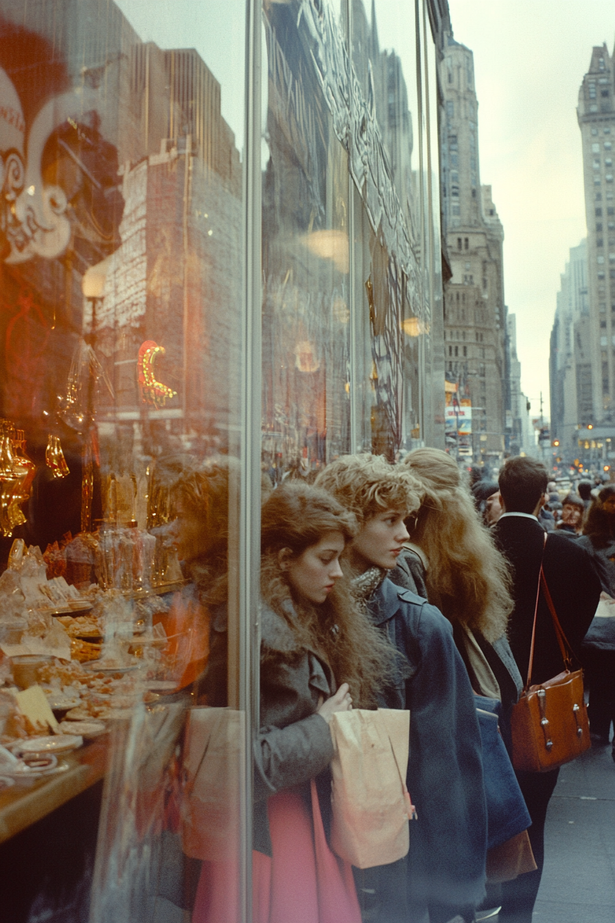 Colour film photographing NYC department store windows in 80s.