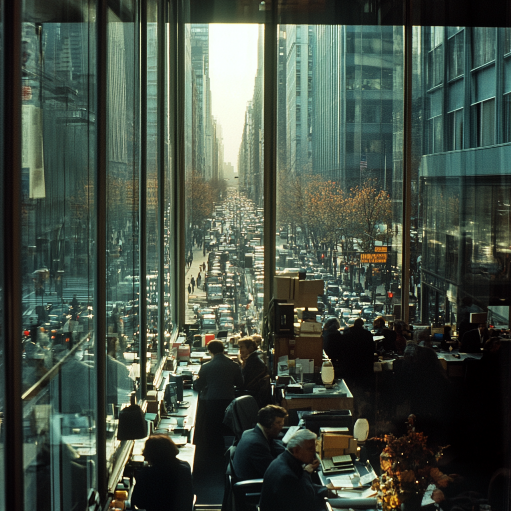 Colour film street photography of busy NYC in 80s.