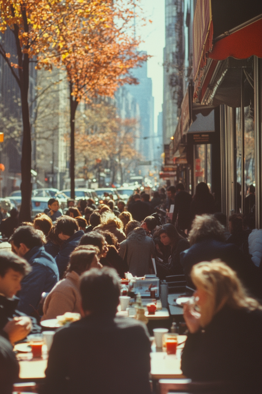 Colour street photography capturing 1980s NYC hustle and bustle.