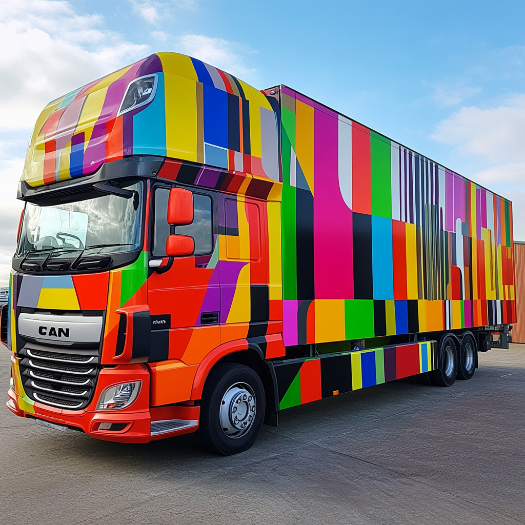 Colourful, artistic, graphic wrap on 7.5 tonne UK lorry.