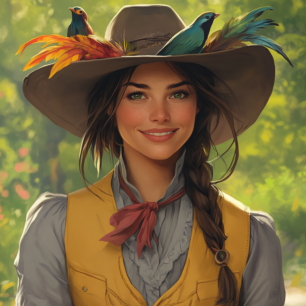 Colourful feathered hat on Caucasian woman in western attire, smiling.