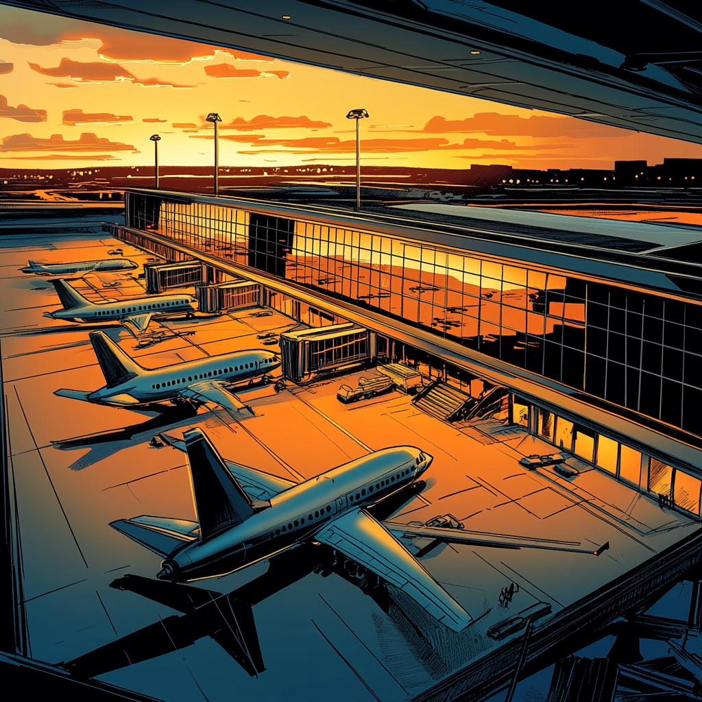 Comic Book: Modern Airport with Jet Bridges