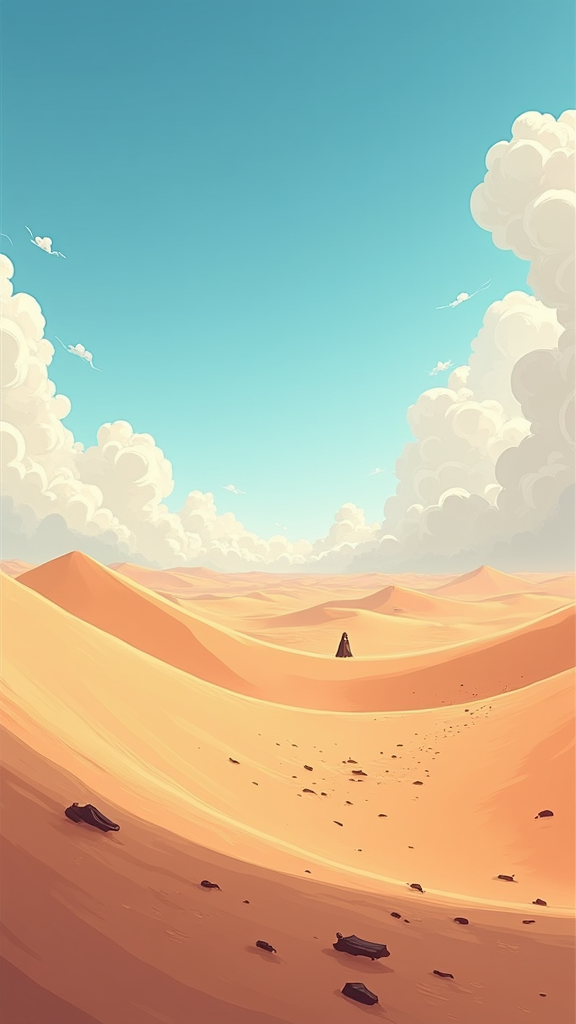 Comic book cover of Middle Eastern desert with clouds.