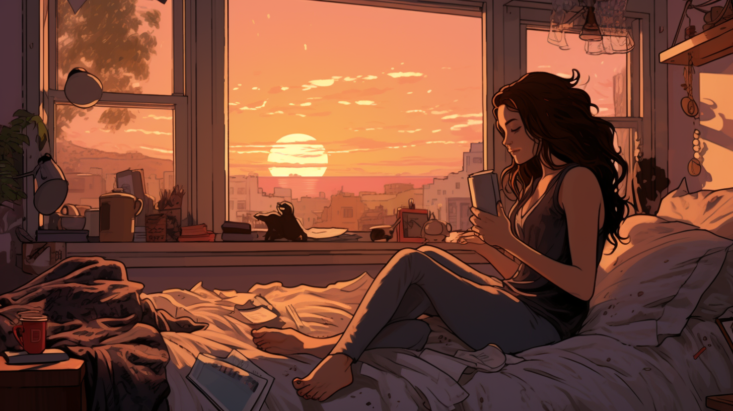 Girl waking up in morning comic illustration