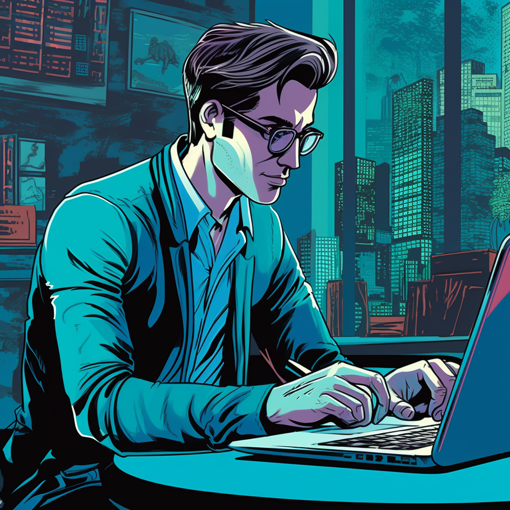 Comic book illustration of confident real estate agent typing.