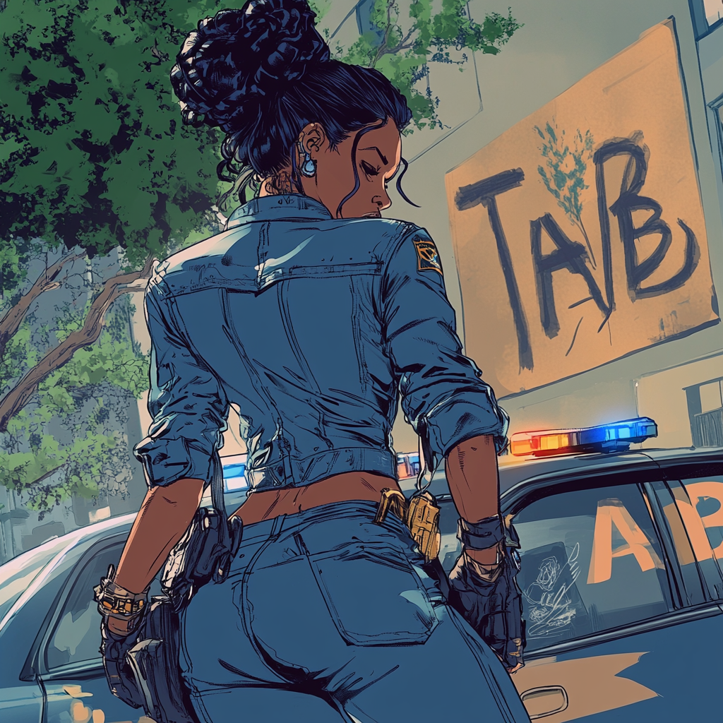 Comic book style: Latina woman loaded into police cruiser.