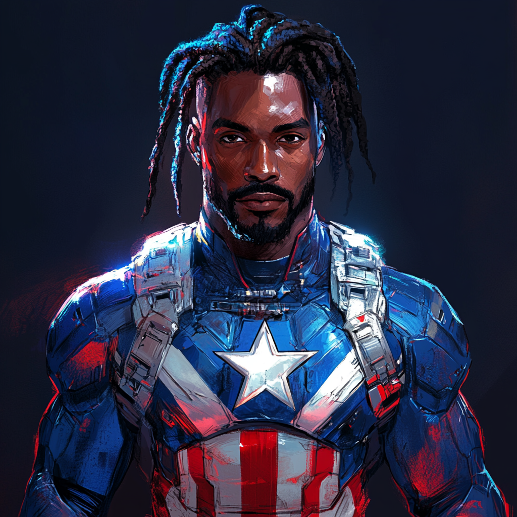 Comic character with dreads in patriotic costume. Phoenix symbol.