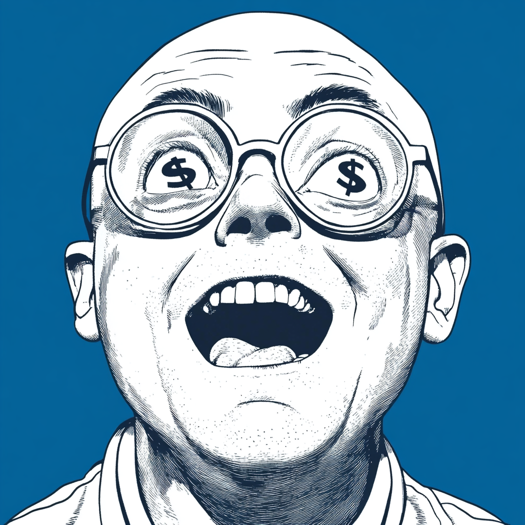 Comic man with glasses, laughing with dollar eyes.