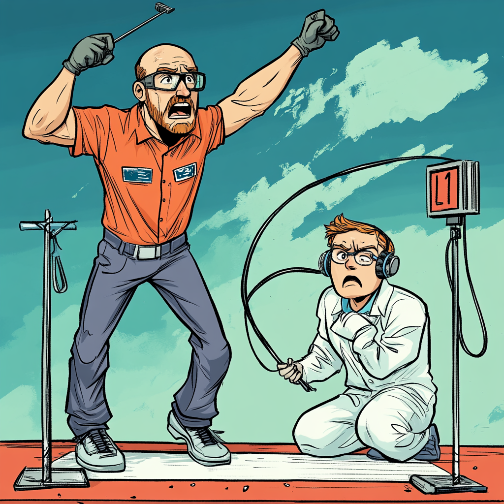 Comic mechanic wins race, lab worker looks sad.