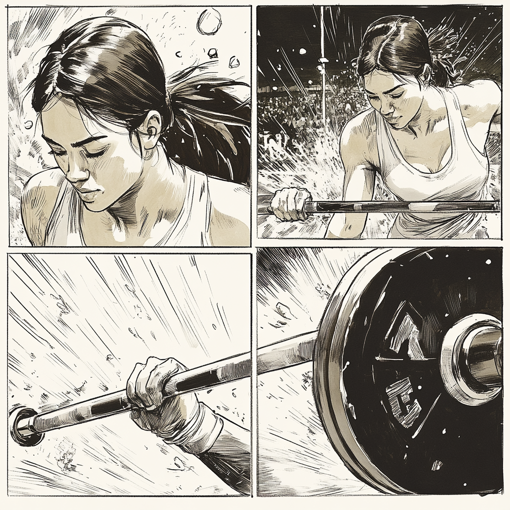 Comic page of female weight lifter at Olympics.