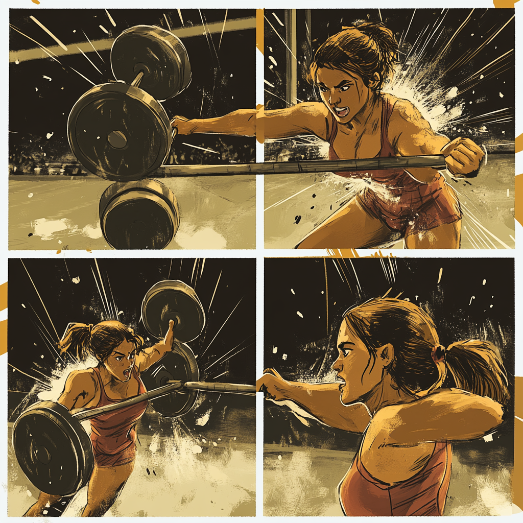 Comic page of female weight lifter at Tokyo Olympics.