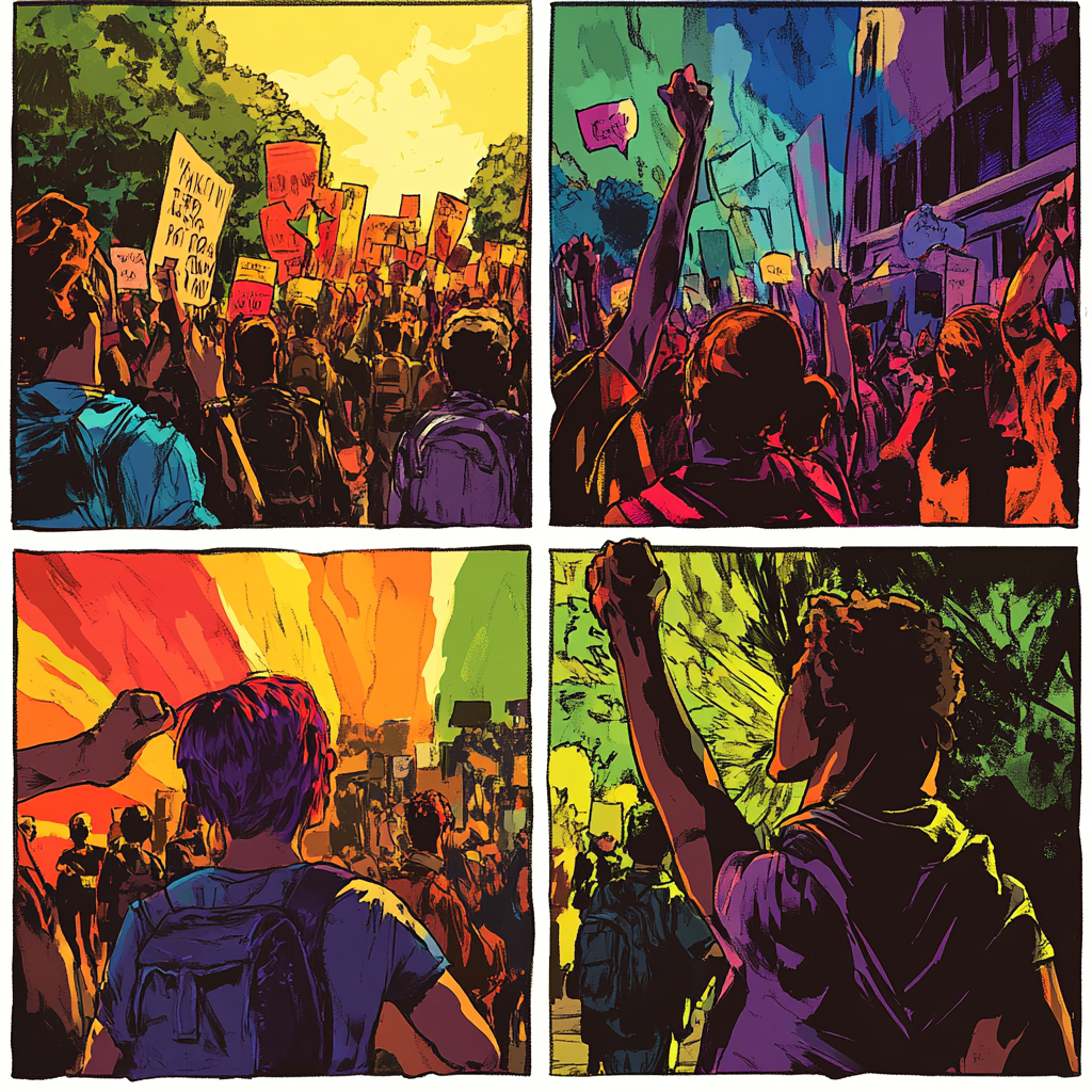 Comic page of transgender protest with dynamic panels.