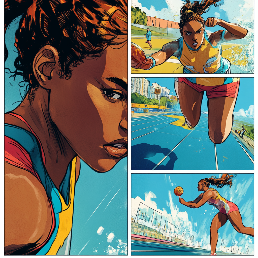 Comic page with transgender athlete winning in excitement.