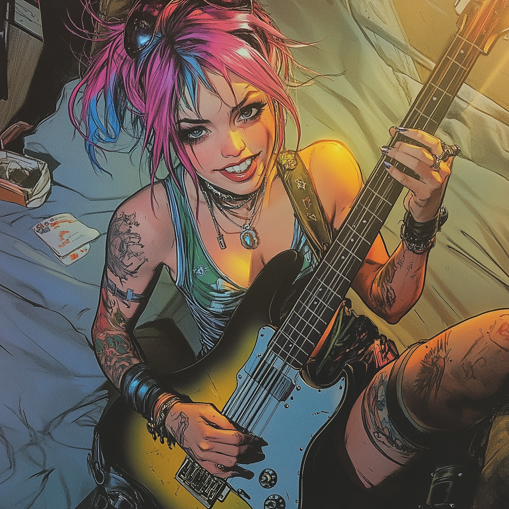 Comic panel of punk girl pretending to play guitar.