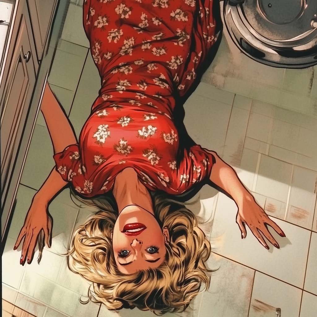 Comic panel: Cameron Diaz as housewife falls forward.