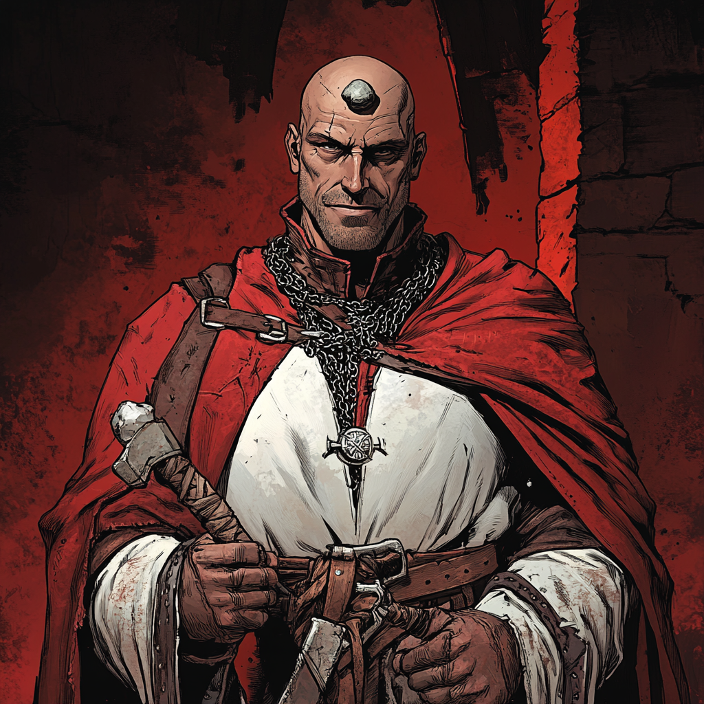 Comic style: Bald man in robe with stone and warhammer.