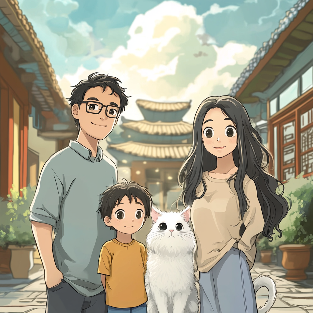 Comic: Chinese family of four with cat, glasses, long hair.