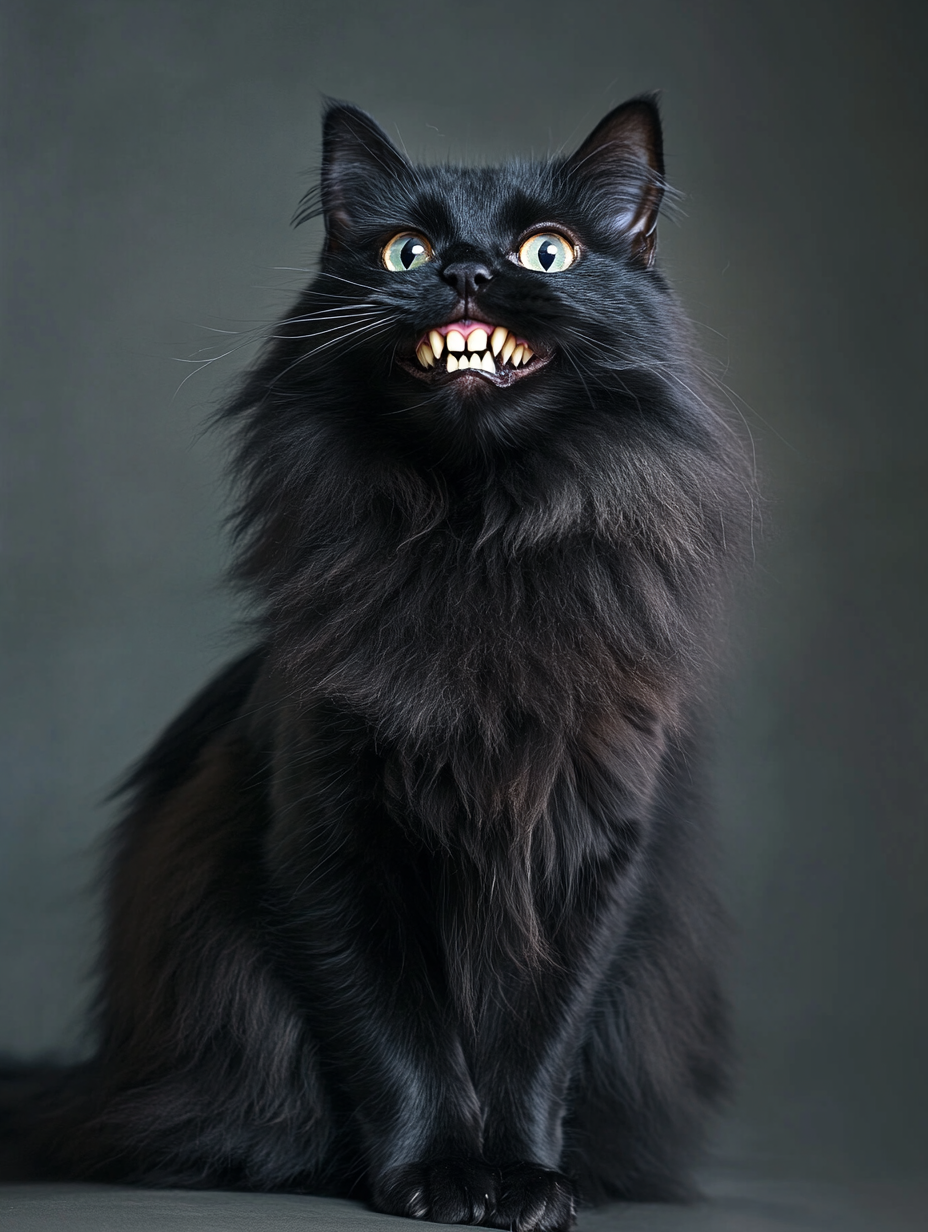 Comical black cat with human teeth smiling widely.