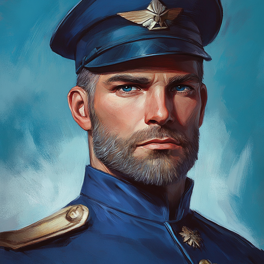 Commanding man in 40s with steely blue eyes, military uniform.