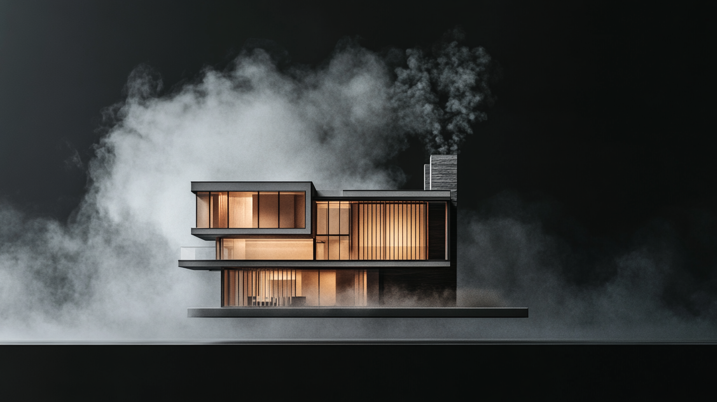 Commercial image of levitating modern house model. Smoke background.