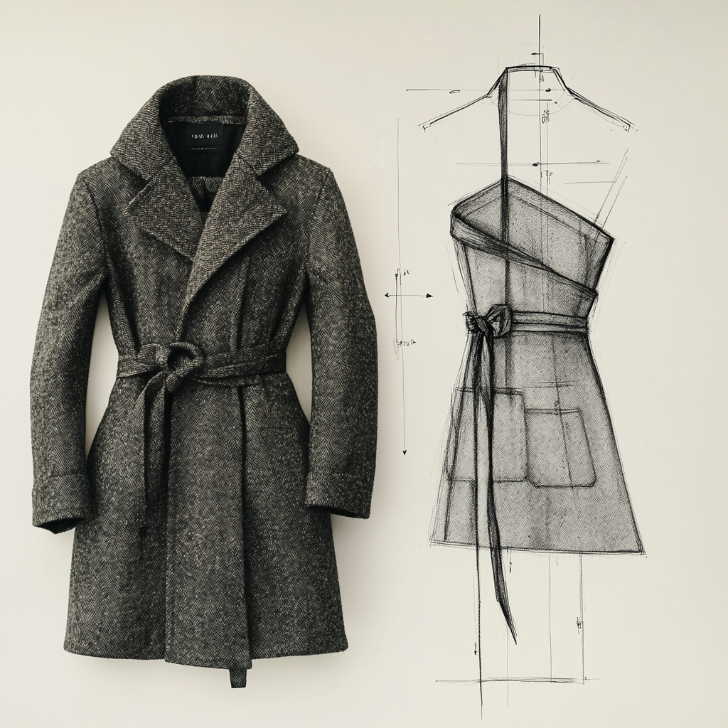 Compare sketch of wool coat to actual garment.