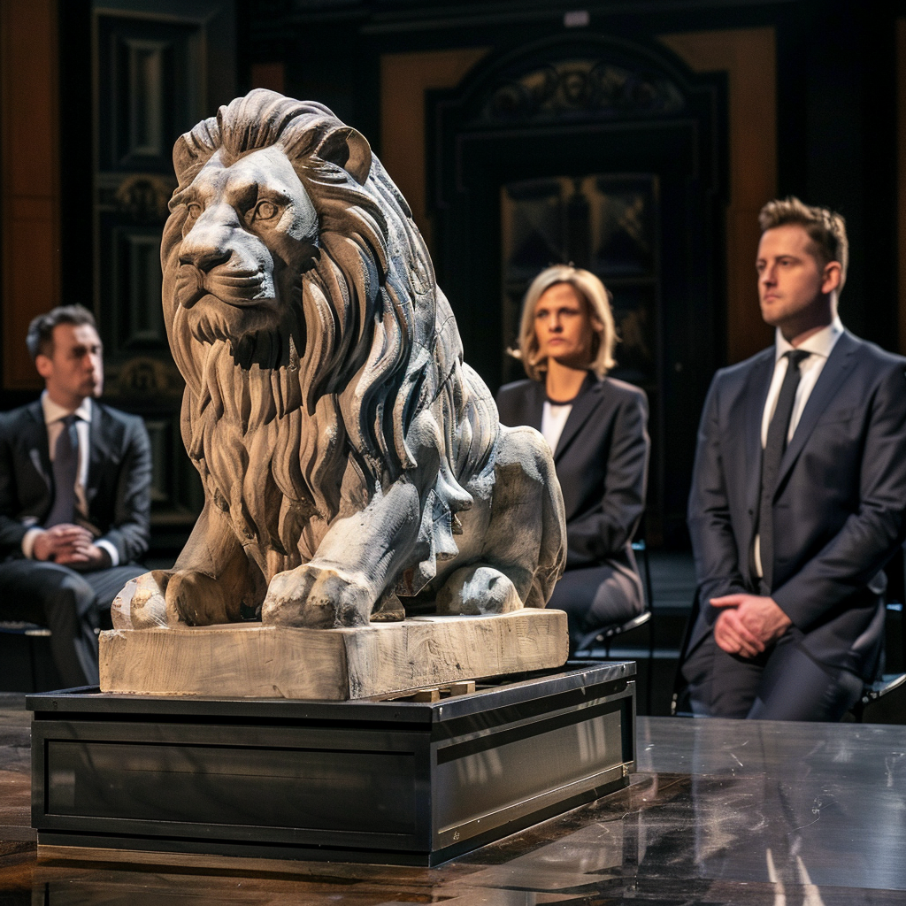 Competition TV show with judges, lion statue prop.