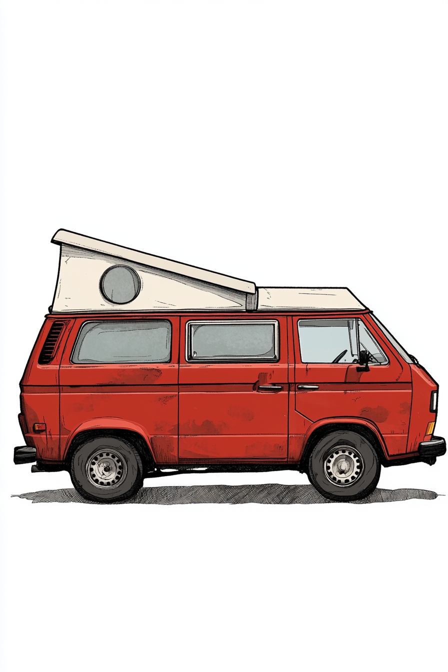 Complete side profile vintage red van illustration.