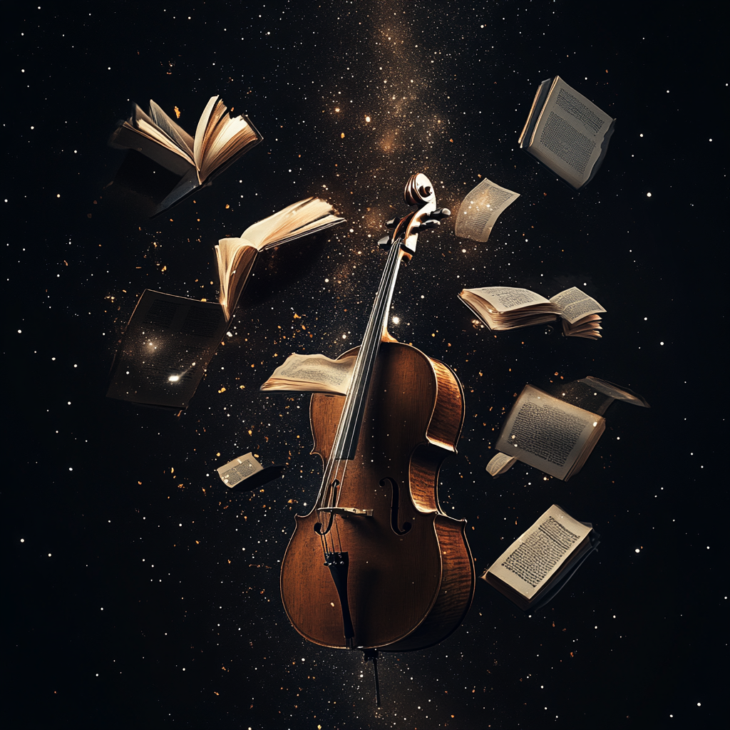 Composition of Cello and flying books in outer space.