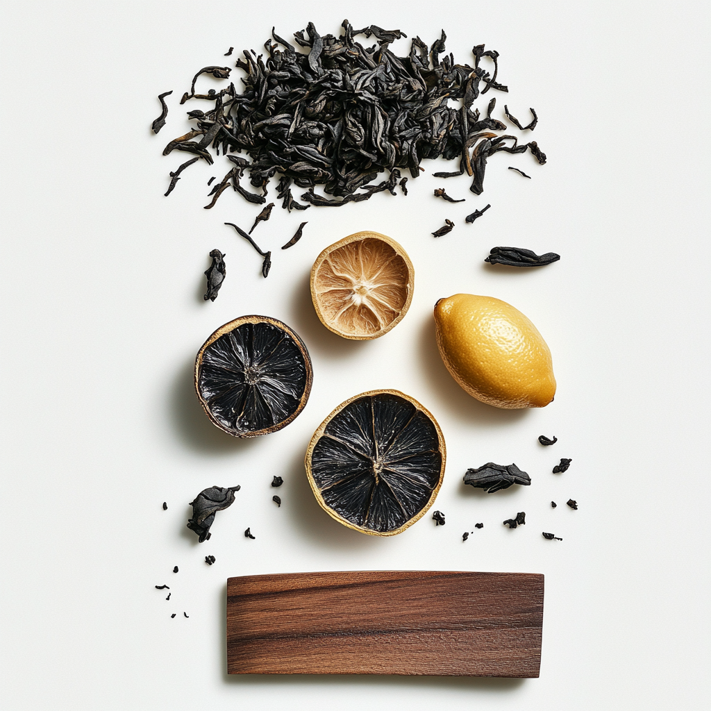 Composition of black tea, lemon, and wood for candles.