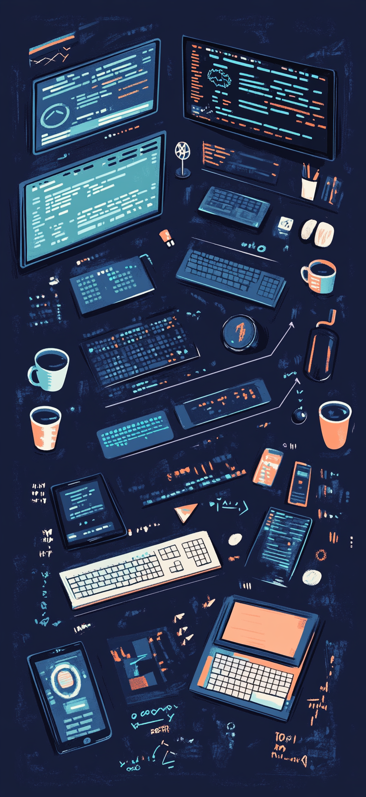 Computer Monitors and Coffee Cups on Navy Blue