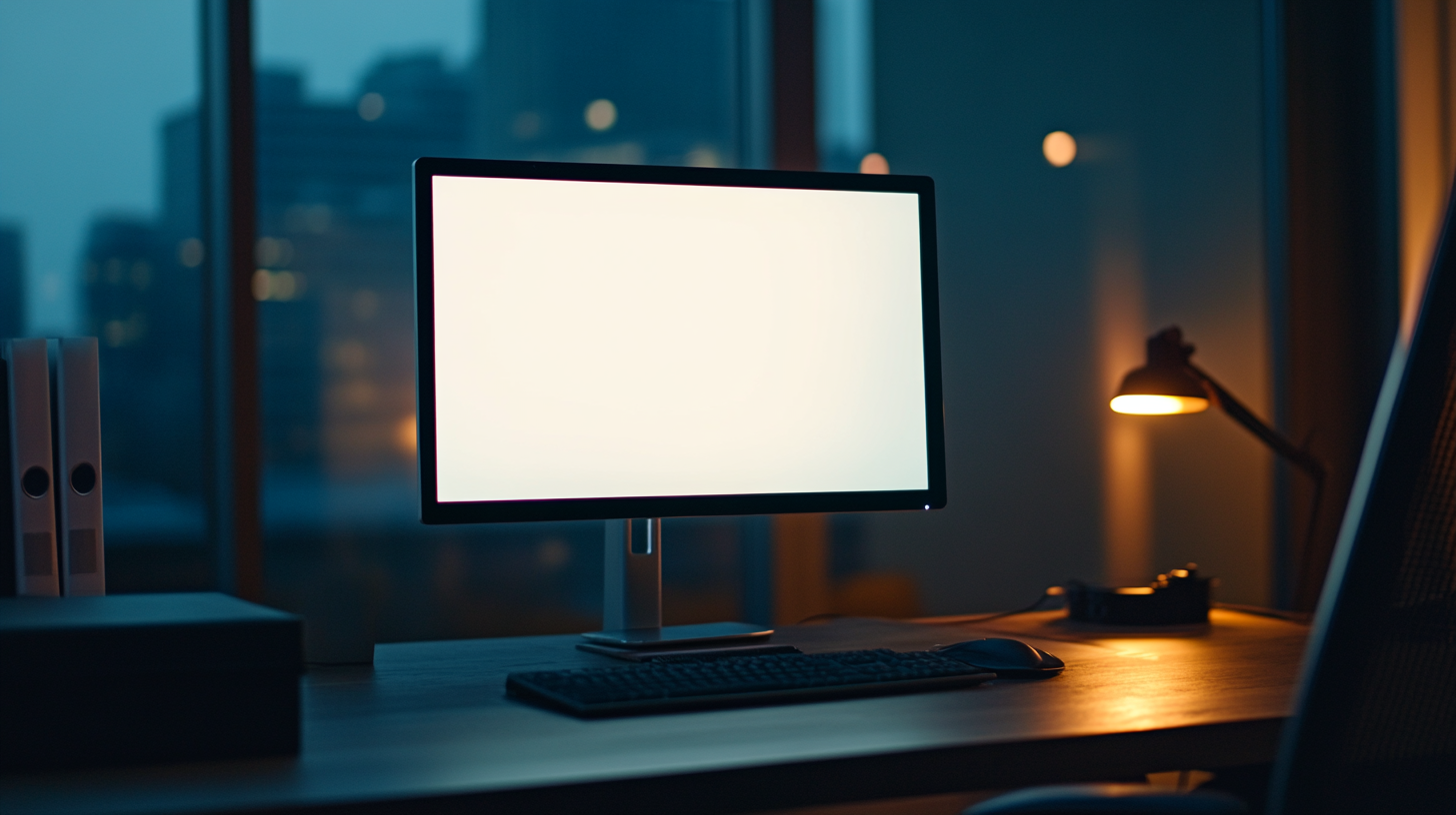 Computer monitor on desk in executive office.