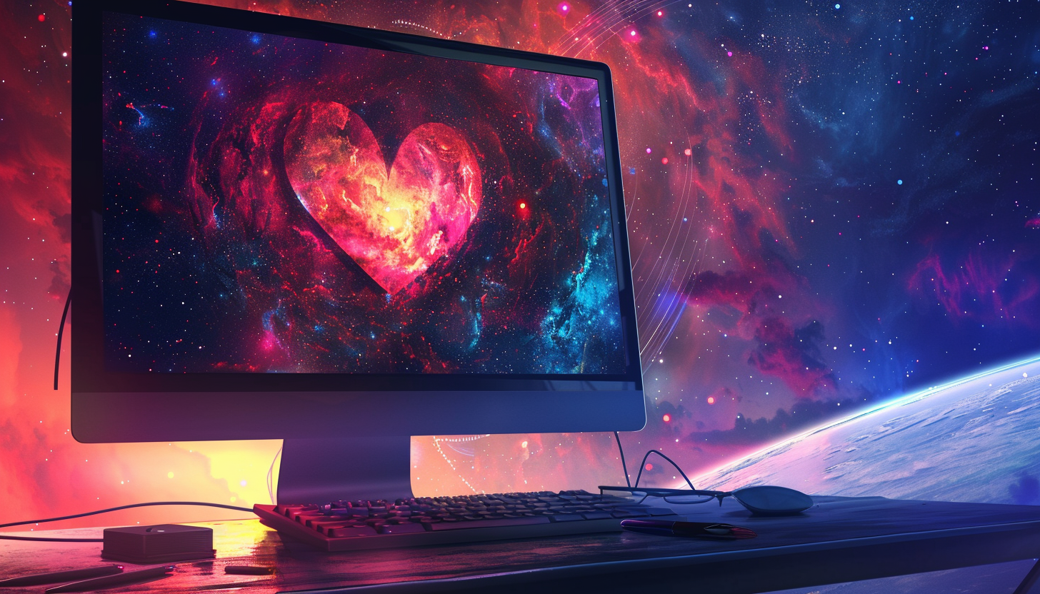 Computer with heart sending energy beams into space