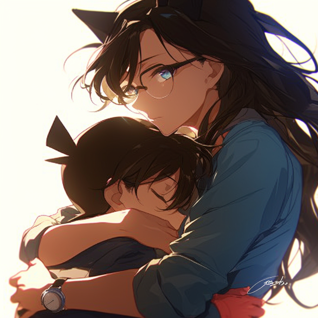 Conan becomes a girl, hugged by Ran Mouri