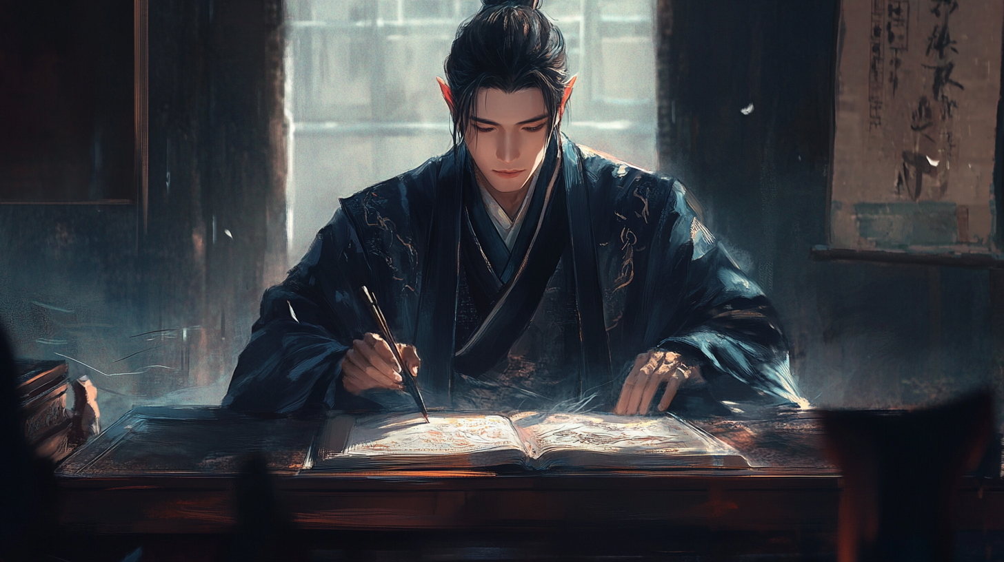 Concentrated Asian wizard apprentice in navy robes